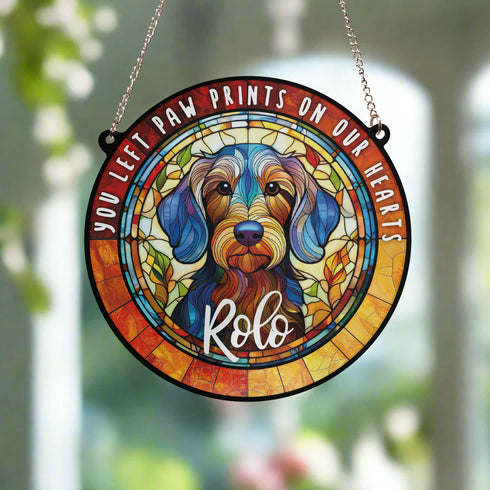 Dachshund Wirehaired Paw Print Heart Stained Glass Effect Suncatcher
